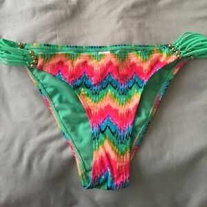 Damsel bikini bottoms multicolored w/ Silver balls & 6 green straps on sides